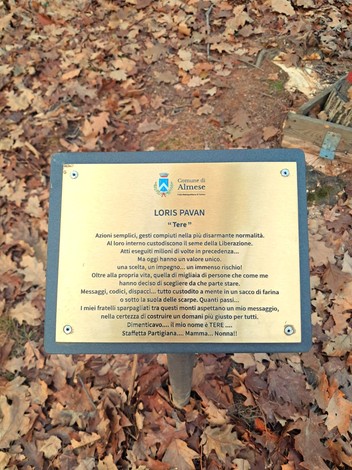 Scultura a Gabarini, rappresentazione artistica immersa nella natura, circondata da foglie autunnali.