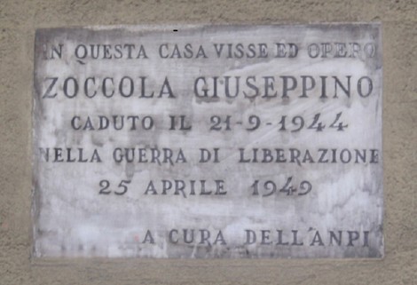Lapide commemorativa dedicata a Zoccola Giuseppino, caduto nella guerra di liberazione del 1944.