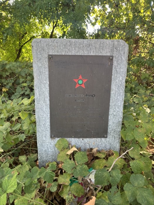 Monumento a Avio: lapide commemorativa immersa nel verde, dedicata alla memoria di Federico Avio.