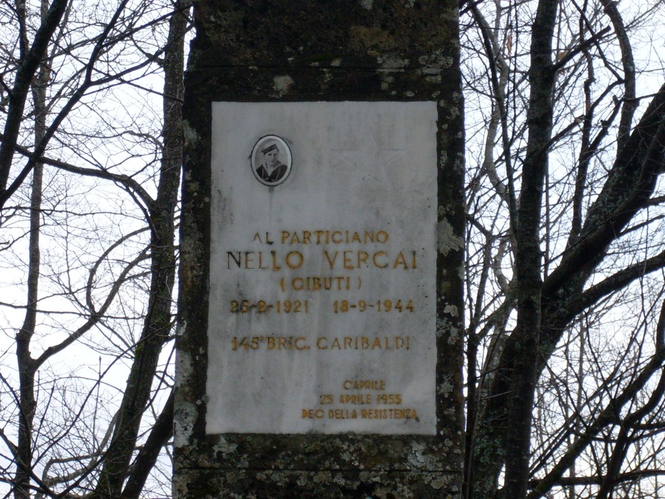 Cippo commemorativo in onore del partigiano Nello Vergai, situato in un'area boschiva.