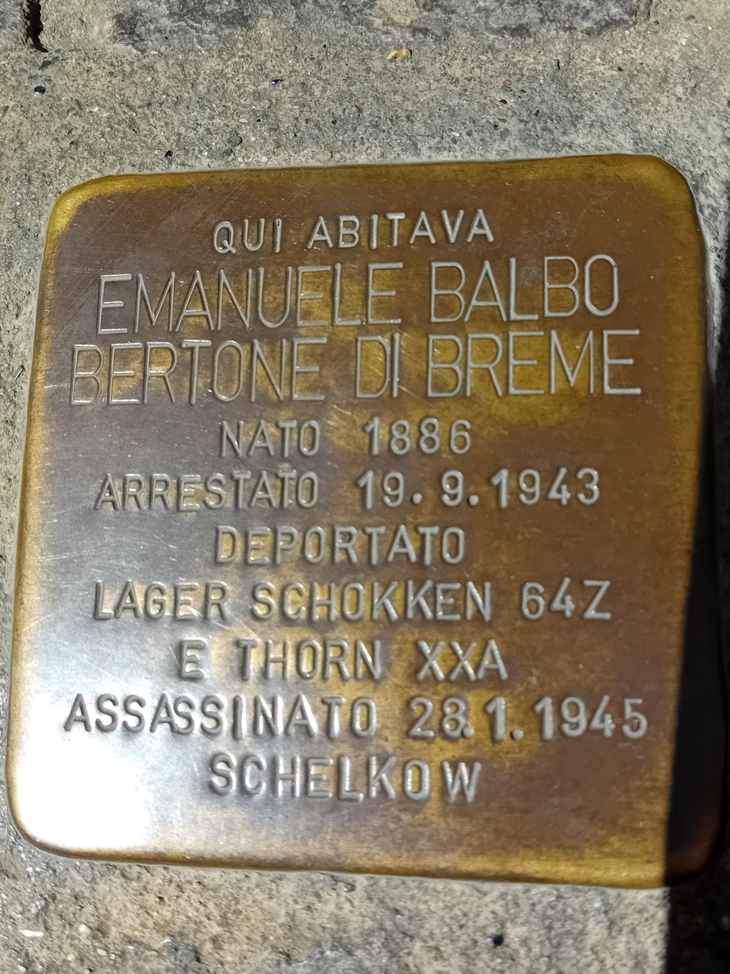 Pietra d'inciampo a Balbo Bertone di Breme, Comune di Torino (TO), foto 1