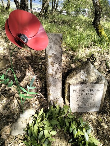Cippo in pietra con fiori, commemorazione di Pietro Uscieri, situato in un ambiente naturale.