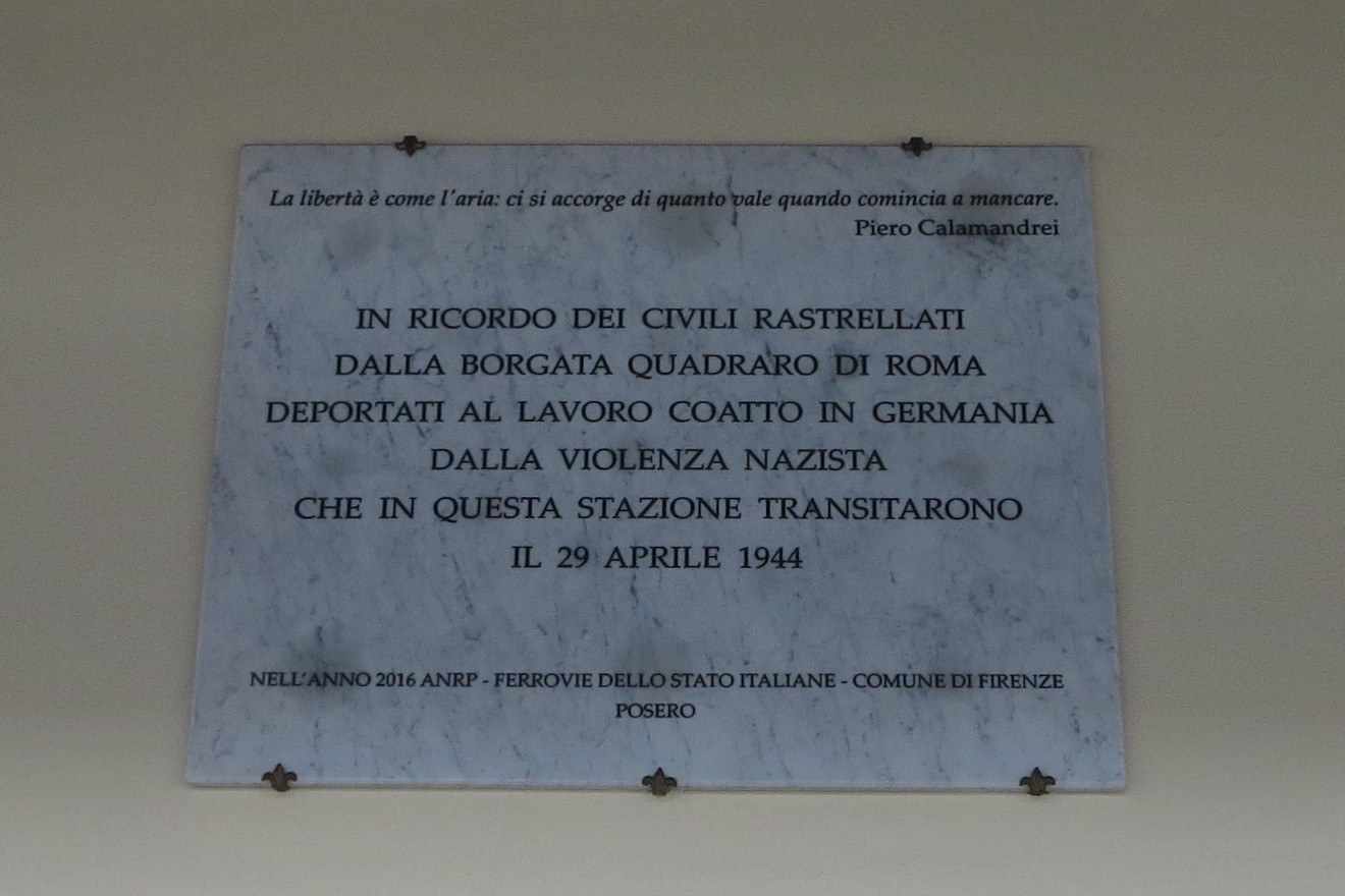 Lapide commemorativa ai civili rastrellati del Quadraro, ricordando la violenza nazista del 29 aprile 1944.