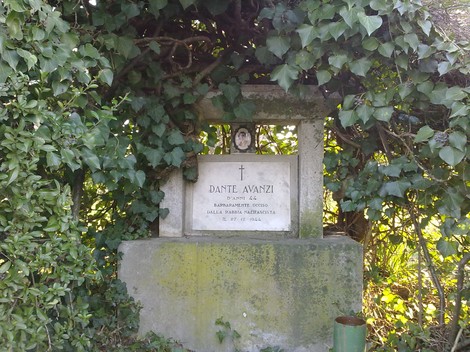 Monumento dedicato a Dante Avanzi, circondato da vegetazione, in una suggestiva location.