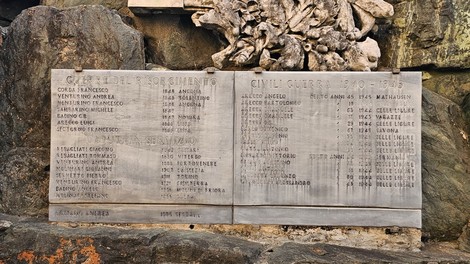 Monumento ai caduti con iscrizioni commemorative su lastre di pietra, circondato da elementi architettonici decorativi.