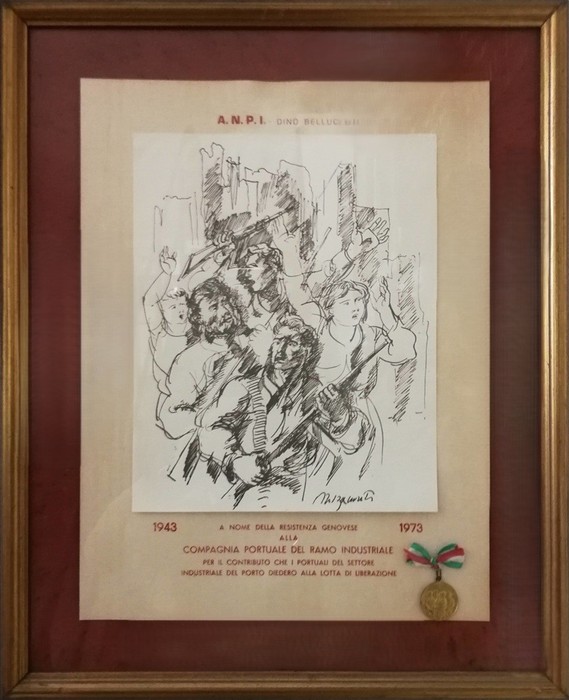 Targa commemorativa dedicata ai caduti della Compagnia del Ramo Industriale, con un disegno significativo.