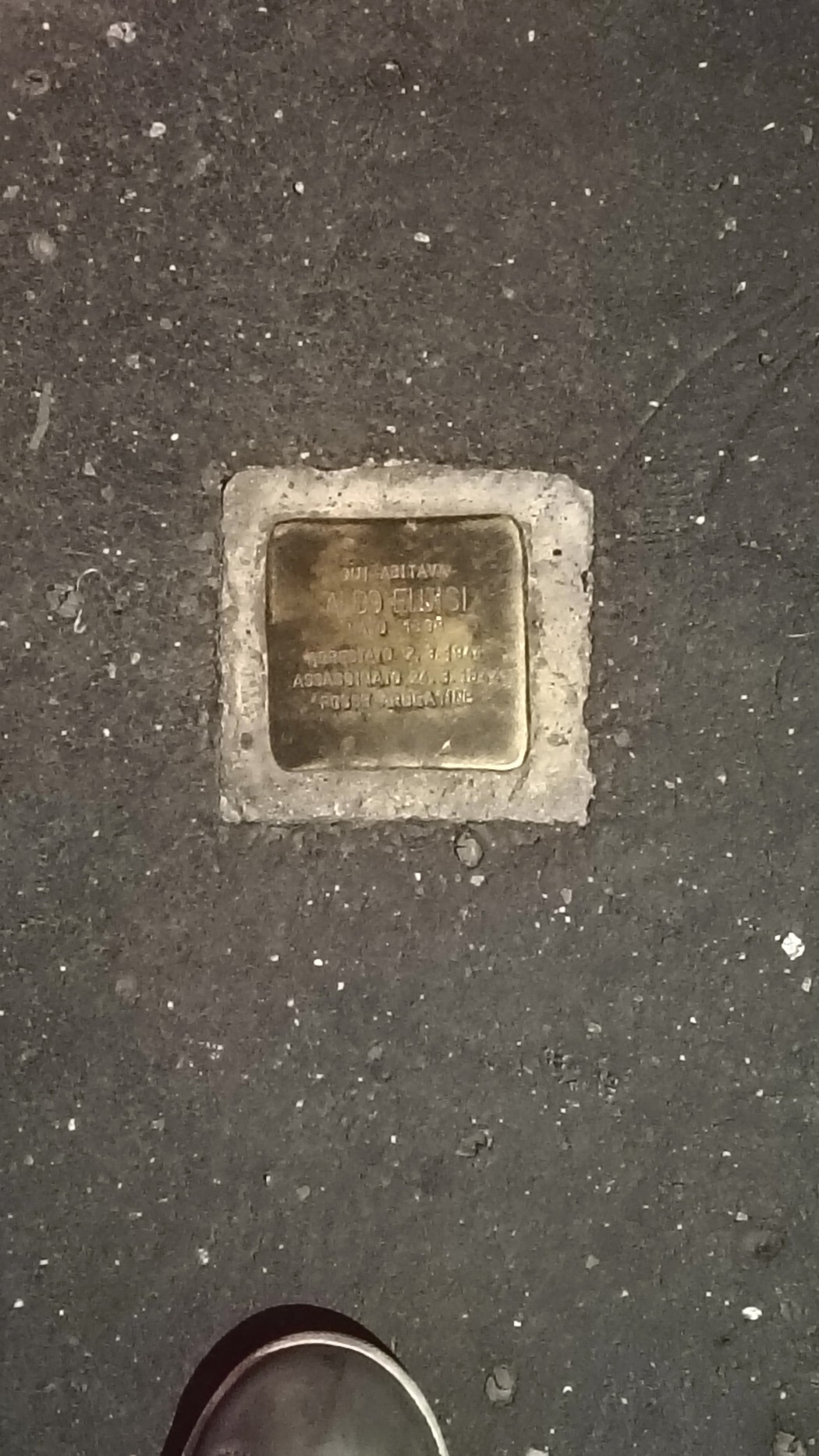 Pietra d'inciampo dedicata a un individuo, incastonata nel pavement di Eluisi, simbolo della memoria storica.