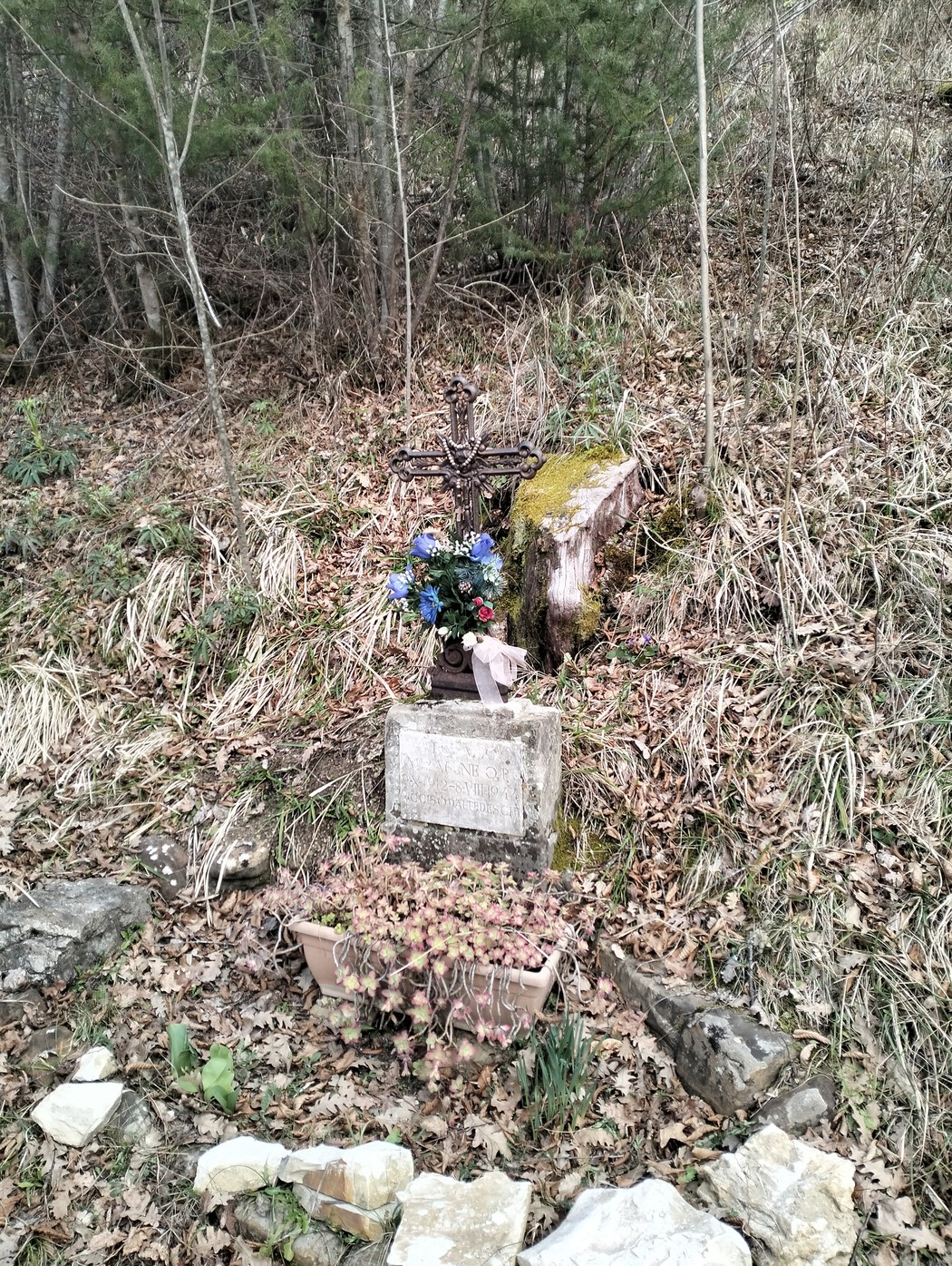 Cippo commemorativo con croce e fiori, immerso in un ambiente naturale di vegetazione e foglie secche.