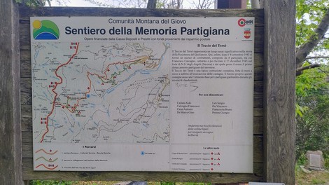 Mappa del Sentiero della Memoria Partigiana, con dettagli sui percorsi e punti di interesse storici.
