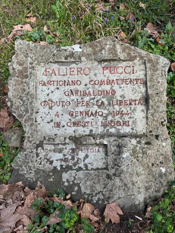 Cippo commemorativo dedicato a Faliero Pucci, partigiano garibaldino, situato in un'area verde.