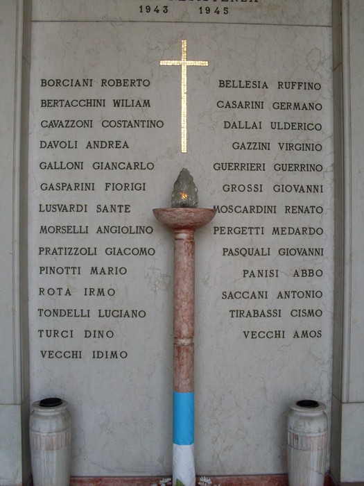 Sacrario della Resistenza di Correggio, memoriale dedicato ai caduti della Resistenza, con nomi incisi su pareti.