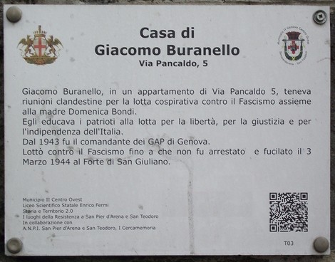Targa commemorativa in memoria di Giacomo Buranello, attivista antifascista, situata in Via Pancaldo.