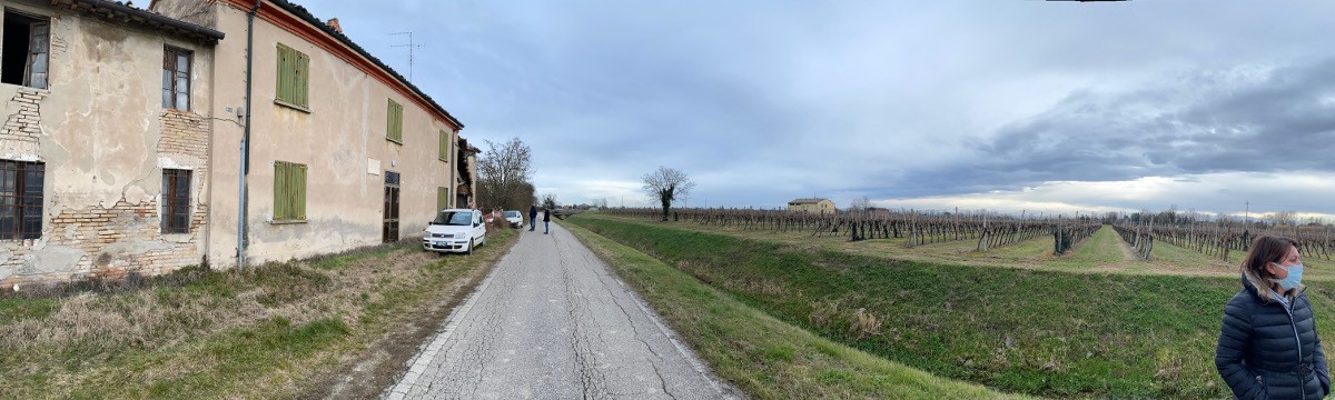 Panorama della lapide dedicata agli Orsini, con vigneti e case storiche sullo sfondo.