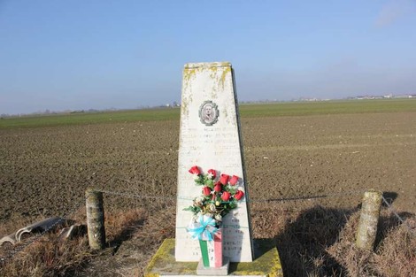 Cippo commemorativo a Pederzoli, circondato da un campo arato e adornato con fiori freschi.