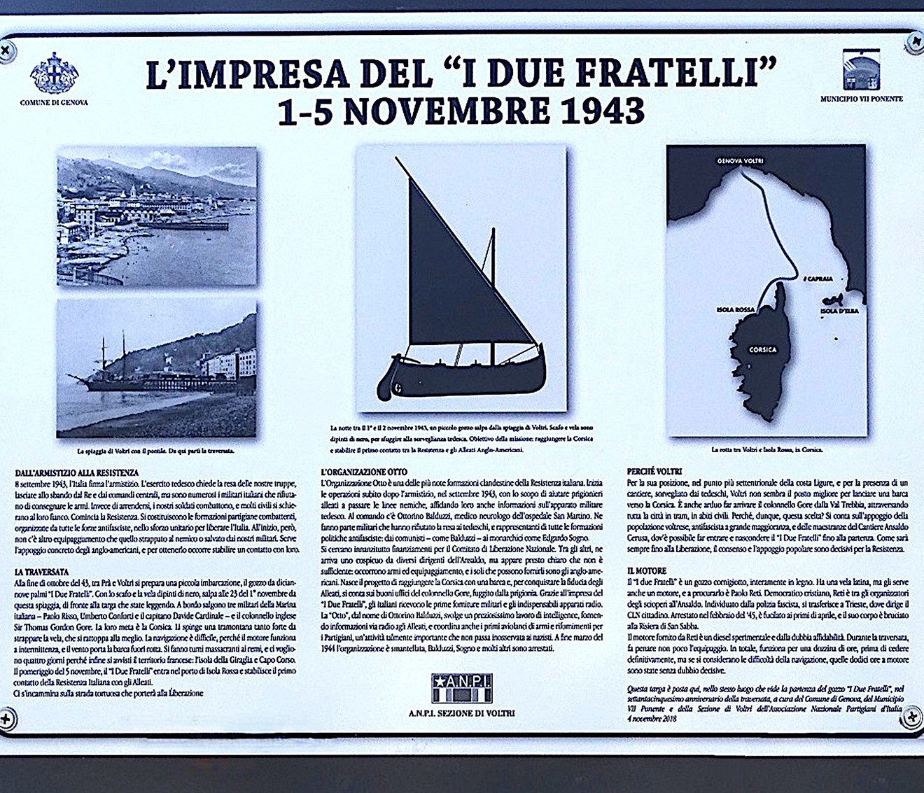 Targa commemorativa sull'impresa dei "I due fratelli", con immagini storiche e informazioni sull'evento.