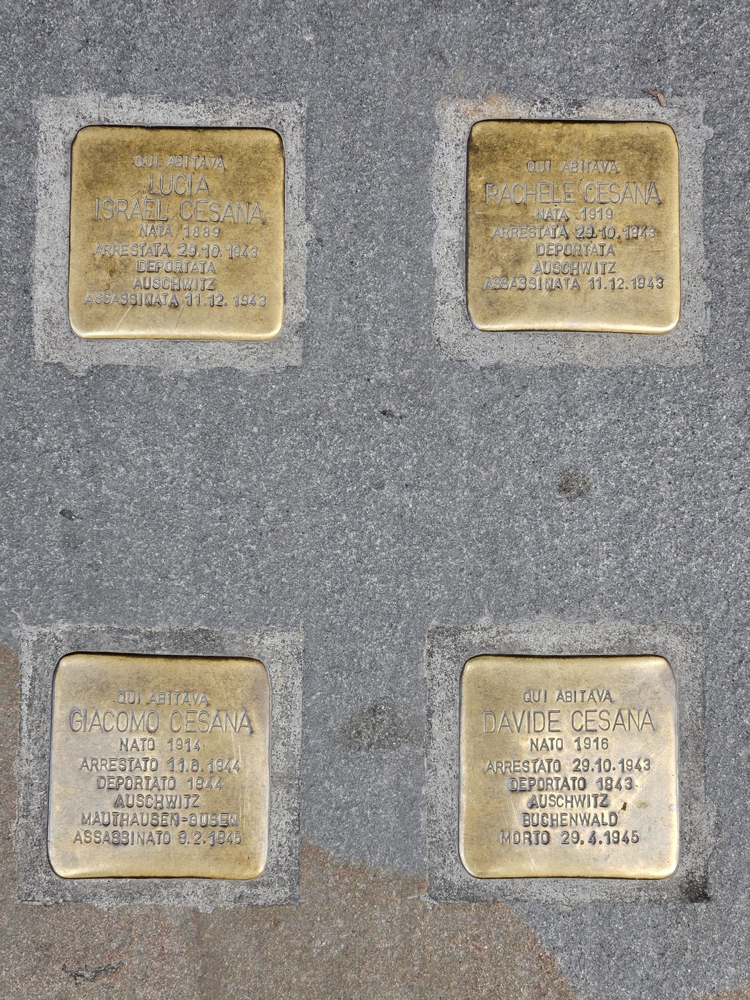 Pietre d'inciampo dedicate a membri della famiglia Cesana commemorati con targhe memoriali.