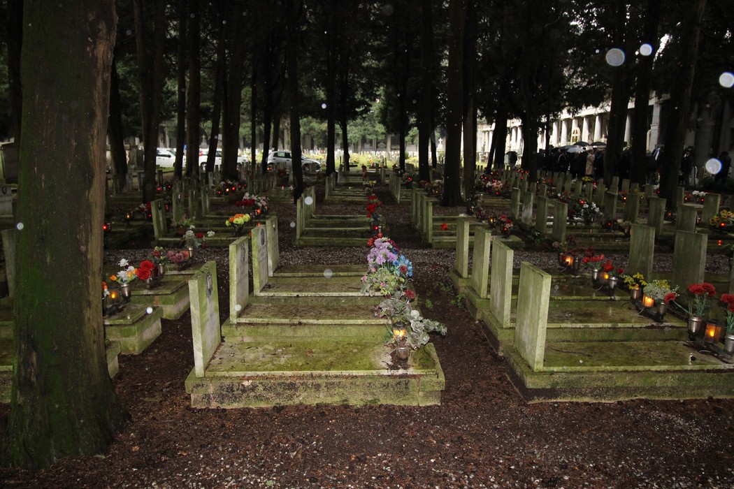 Tombe monumentali circondate da alberi, decorate con fiori e lumini, commemorano i caduti per la Libertà.