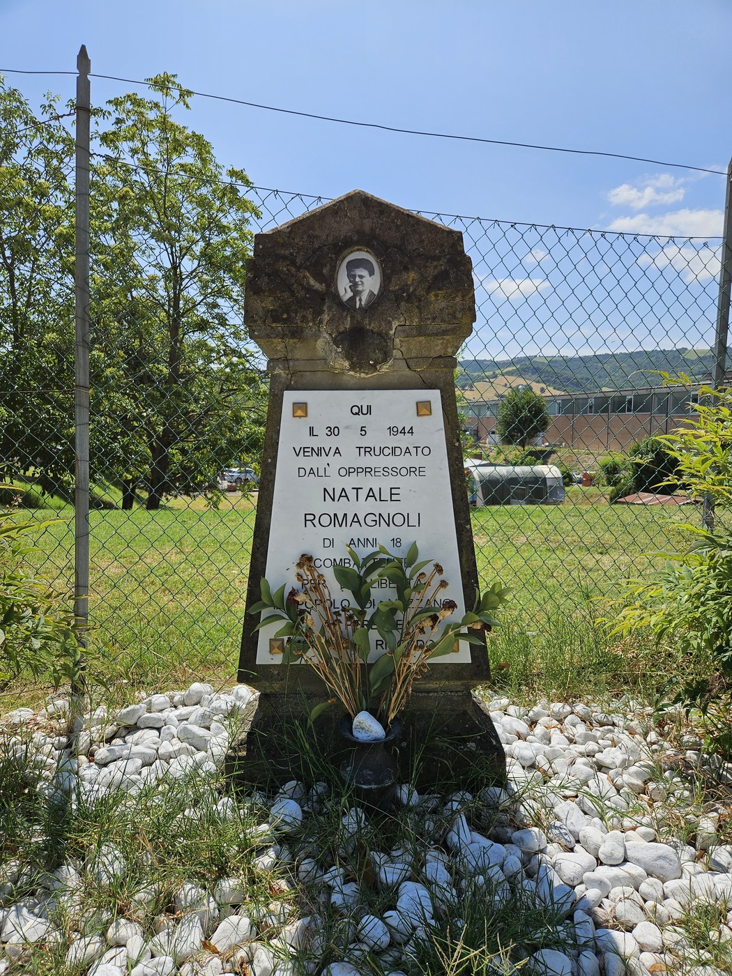 Cippo commemorativo dedicato a Natale Romagnoli, con fiori e paesaggio verde circostante.