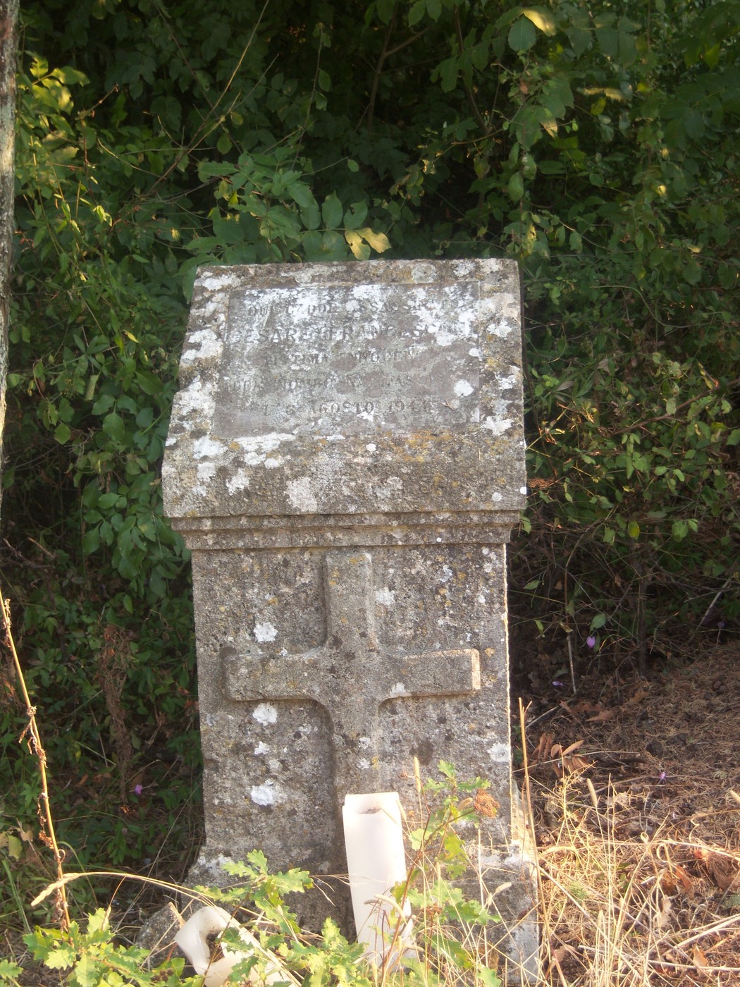 Cippo memoriale in pietra, circondato da vegetazione, con una croce e un design semplice.