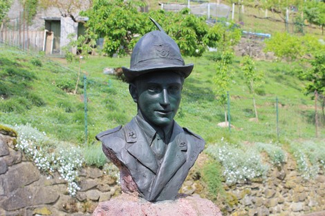 Busto di un soldato con cappello, situato in un'area verde e collinare, circondato da fiori e vegetazione.
