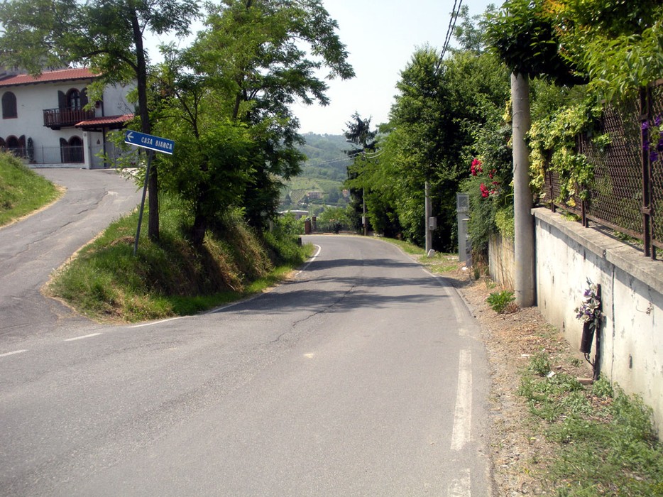 Strada in discesa circondata da alberi, con indicazioni stradali e una casa visibile in lontananza.