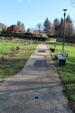 Pavimento di un parco a Savio, con panchine e pietre d'inciampo lungo il camminamento.