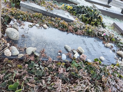 Sepolcro di Levi circondato da ciottoli e piante, in un ambiente tranquillo e suggestivo.