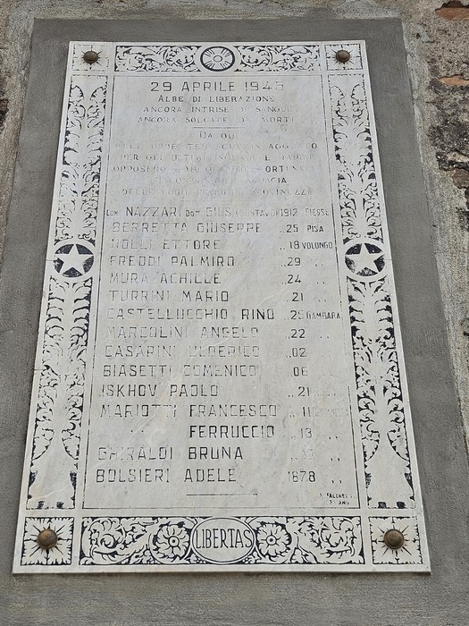 Lapide commemorativa che onora i Martiri di Cavezzo, con nomi e date scolpiti su pietra.