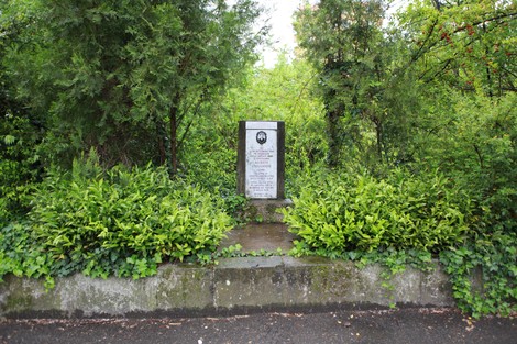 Cippo commemorativo immerso nel verde, circondato da piante e alberi. Un elemento di memoria storica.