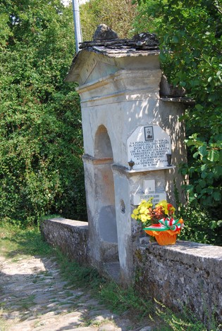 Tabernacolo a Don Ianni, una piccola edicola con fiori e decorazioni, incorniciata dalla natura circostante.