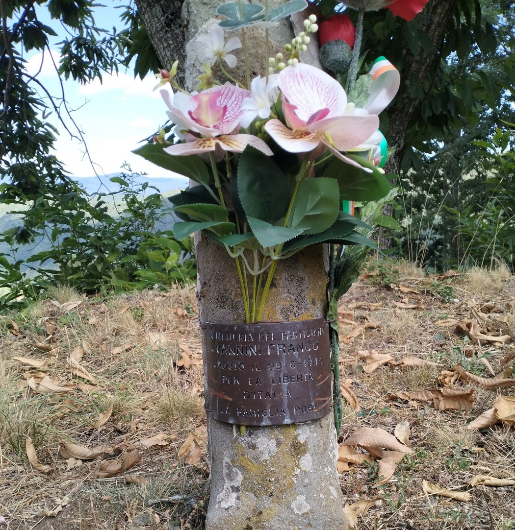 Cippo commemorativo dedicato a Francesco Vannini, adornato con fiori in un contesto naturale.
