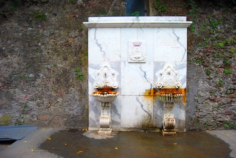 Fontana commemorativa della Liberazione con due vasche in marmo, situata in un contesto storico.