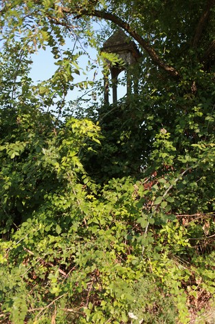 Cippo ai caduti circondato da vegetazione, con struttura visibile in lontananza.