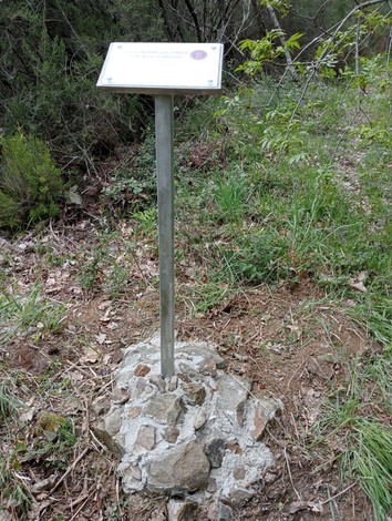 Cippo identificativo su un sentiero nella natura, circondato da vegetazione e rocce.