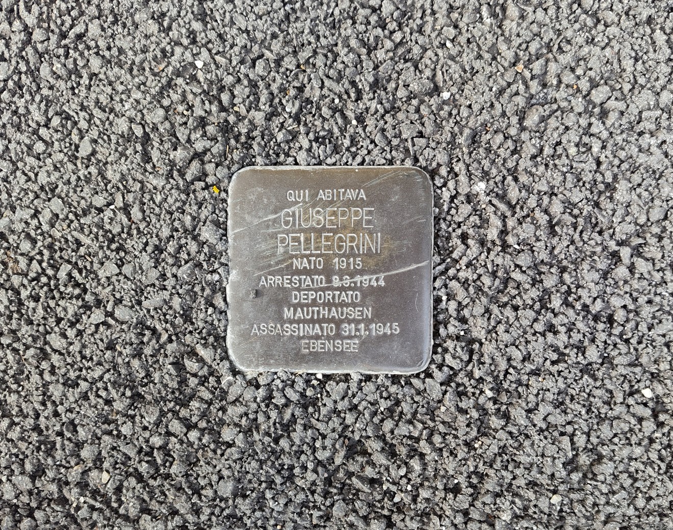 Pietra d'inciampo dedicata a Giuseppe Pellegrini, commemorando la sua storia e il suo tragico destino.