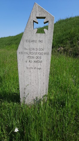 Stele commemorativa in memoria dei caduti a Haidar, circondata da erba verde e natura.