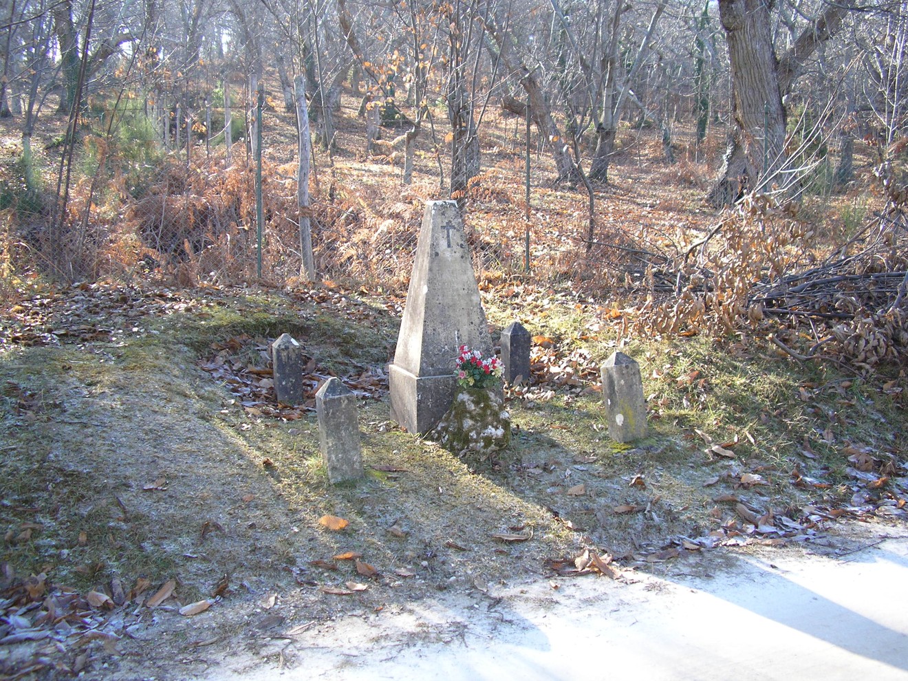Cippo commemorativo immerso nella natura, circondato da alberi e foglie secche.